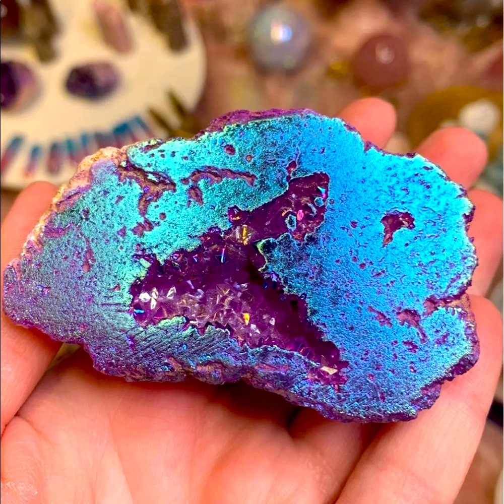 Rainbow titanium druzy geode crystal